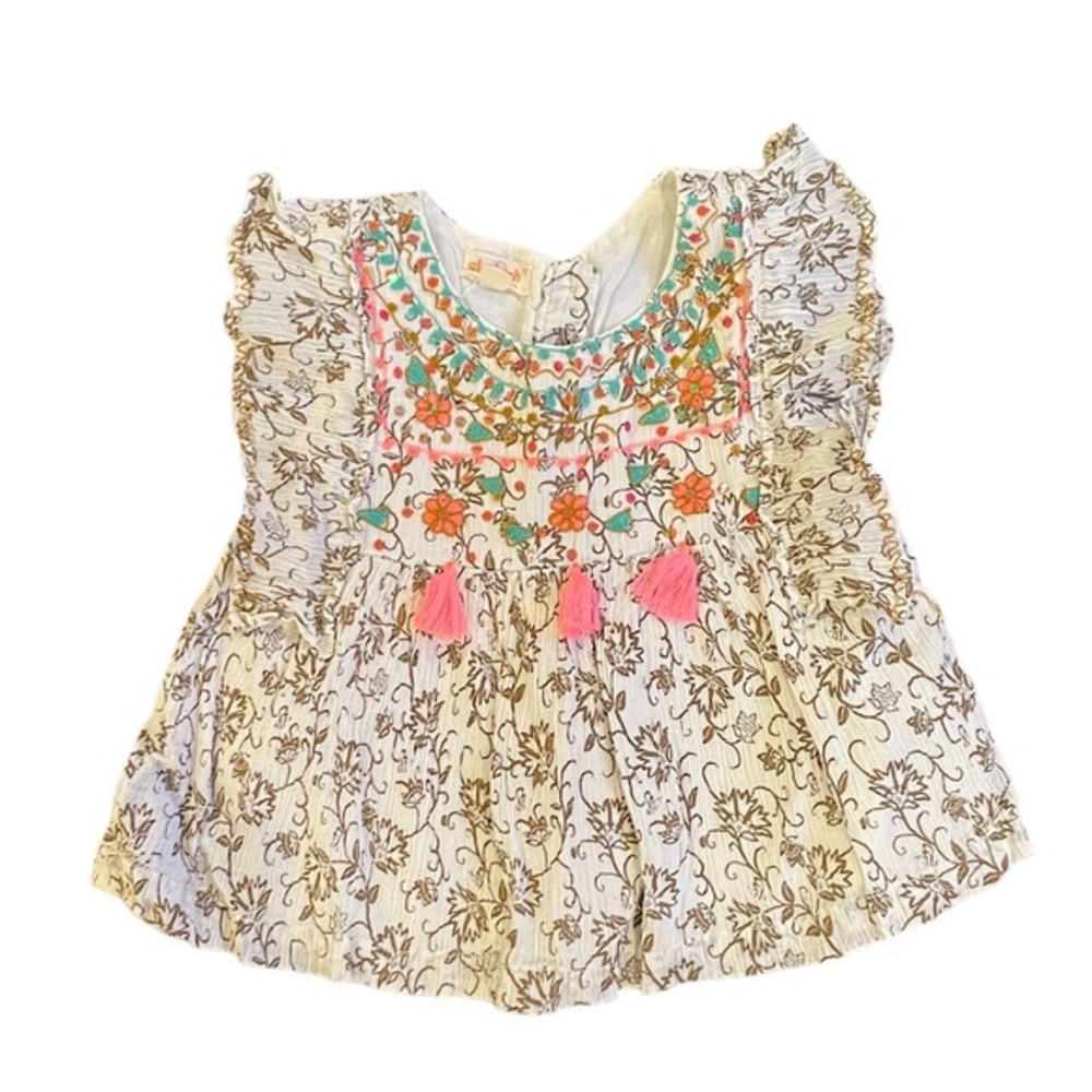 Embroidered Floral Tassel Toddler Top - Pink & Cream